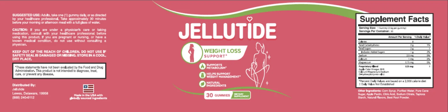JelluTide supplement facts label showing a 525 mg apple cider vinegar and BHB blend